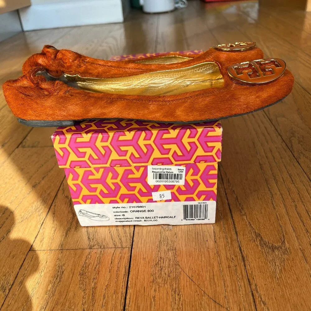 Tory Burch Reva Calf Hair Orange Leather Ballet Flat, Size 8